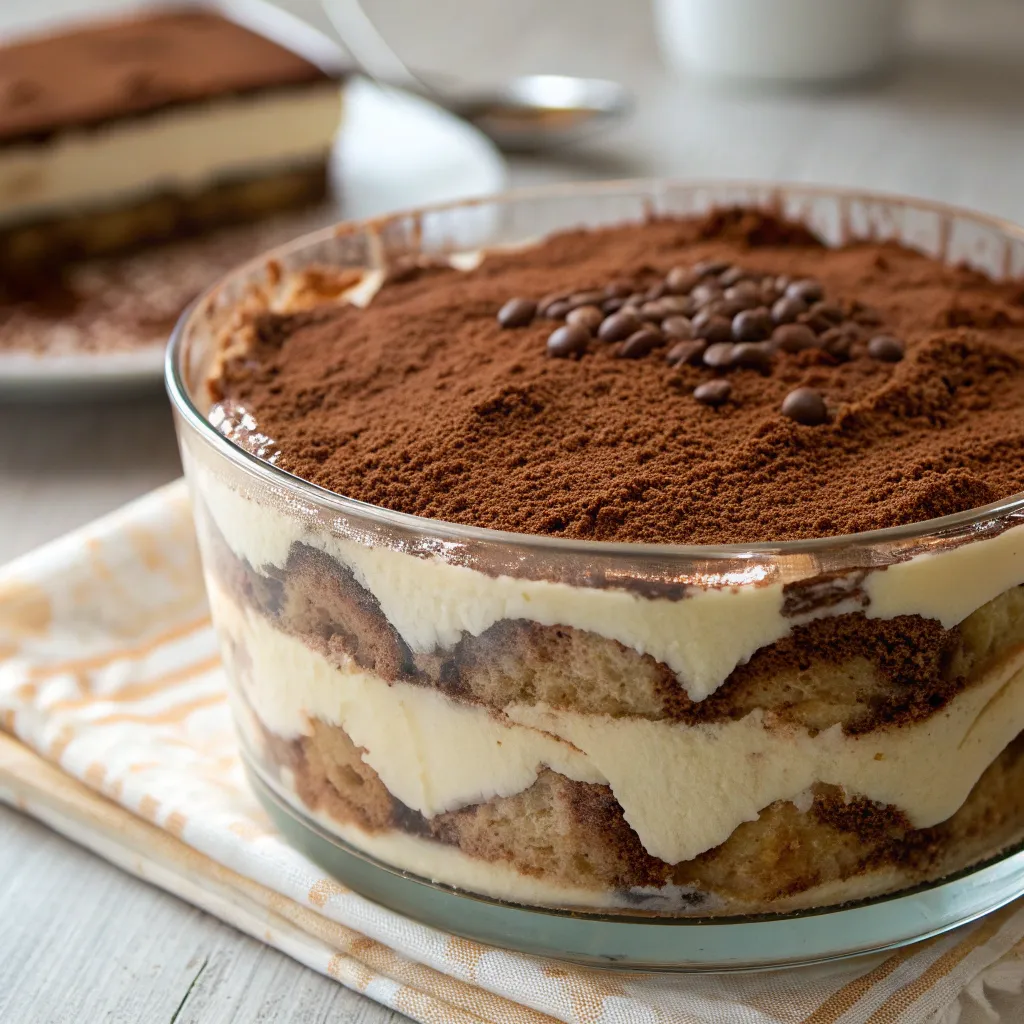 A luscious Italian Tiramisu with cocoa and coffee