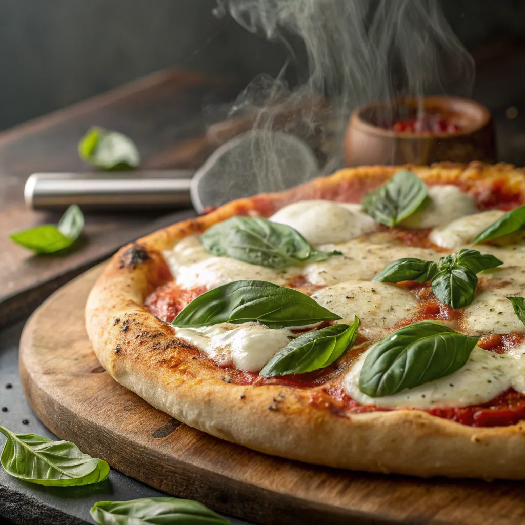 Freshly baked Italian pizza with basil and mozzarella
